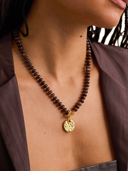 Estella Bartlett EDIT Waterproof Hammered Disc Beaded T-Bar Necklace, Gold - view 2, Gold