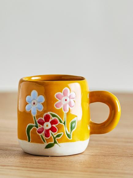 Bloomingville Millie Hand-Painted Floral Stoneware Cup, 110ml, Yellow - view 2, Yellow