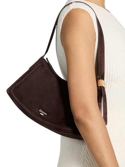 Dune London Dependent Suede Sculptural Shoulder Bag, Brown - view 2, Brown