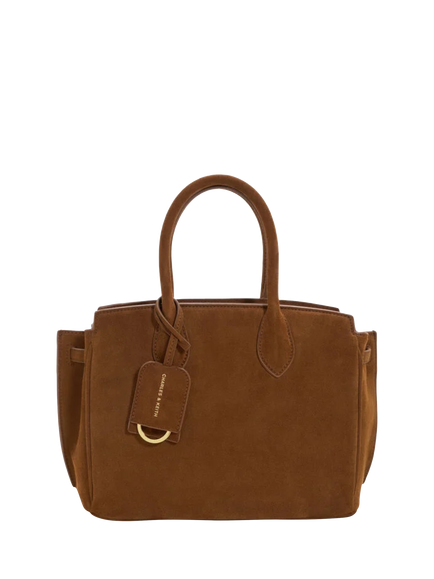 CHARLES & KEITH Ginevra Suede Medium Tote Bag, Pecan Brown, Pecan Brown