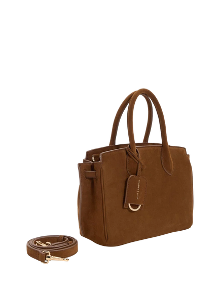 CHARLES & KEITH Ginevra Suede Medium Tote Bag, Pecan Brown - view 2, Pecan Brown