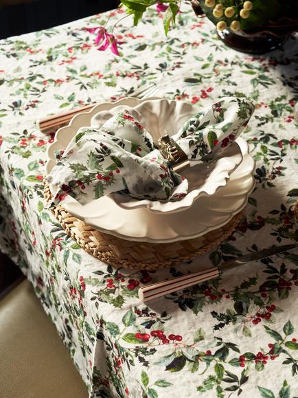 By Hope Holly Linen Tablecloth, 250 x 143cm, Red/Green - view 2, Red/Green