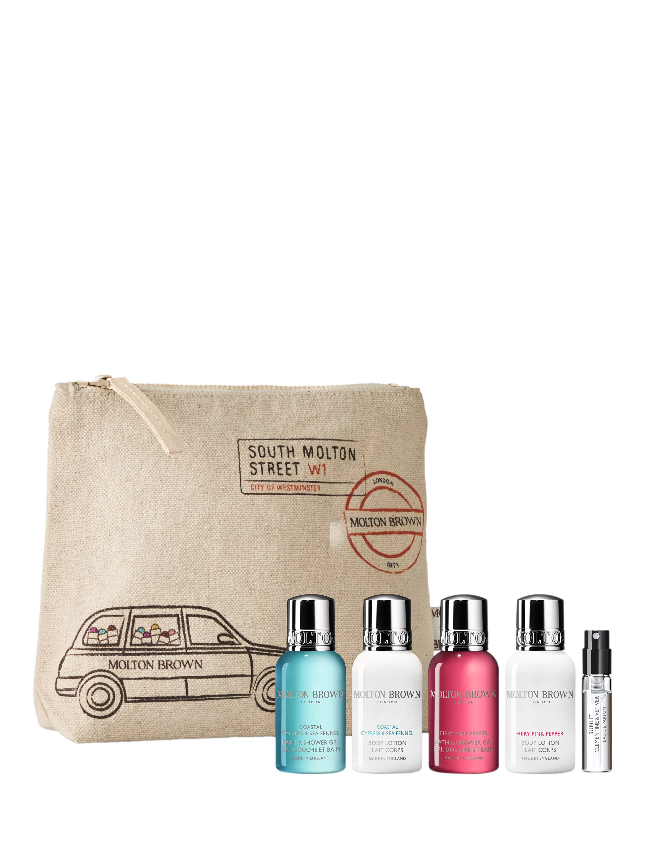 Molton Brown travel toiletries gift set with zipped canvas pouch and mini shower gels and lotions on transparent background