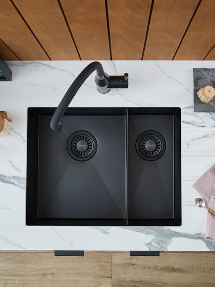 Clearwater Volta 1.5 Bowl Kitchen Sink with Left Hand Bowl, Matt Black - view 2, Stainless Steel