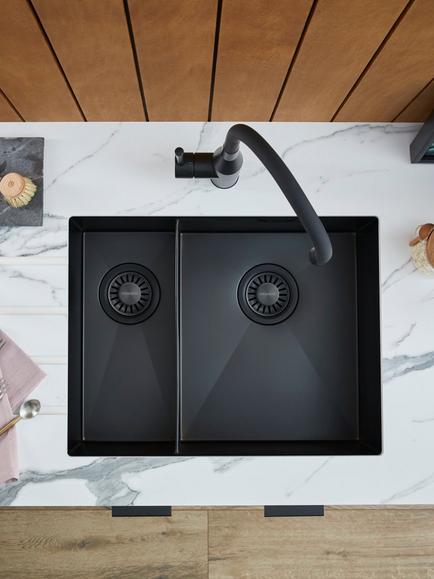Clearwater Volta 1.5 Bowl Kitchen Sink with Right Hand Bowl, Matt Black - view 2, Stainless Steel