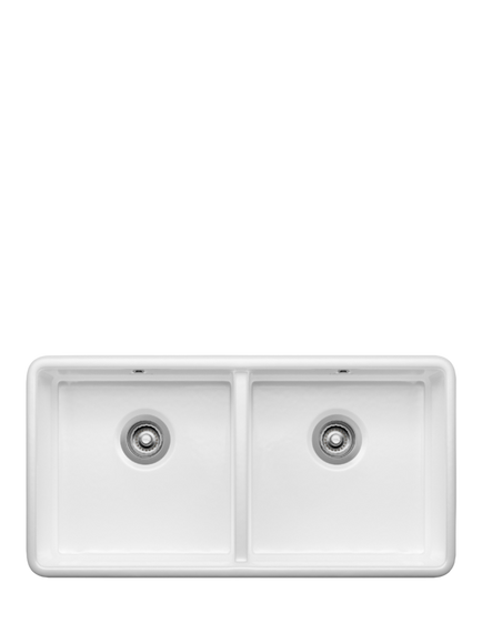 Clearwater Thomas Denby Buxton 900 Fluted Ceramic 2 Bowl Inset Belfast Kitchen Sink, White, White