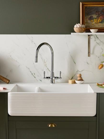 Clearwater Thomas Denby Theocsbury Textured Ceramic 1.5 Bowl Inset Butler Sink, White - view 2, White