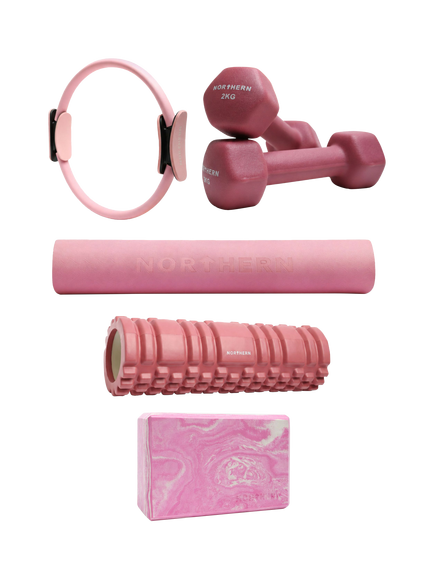 Northern Gym Equipment Yoga Mat Bundle with Ring, Block, Roller & Dumbbell, Dusk Pink, Dusk Pink