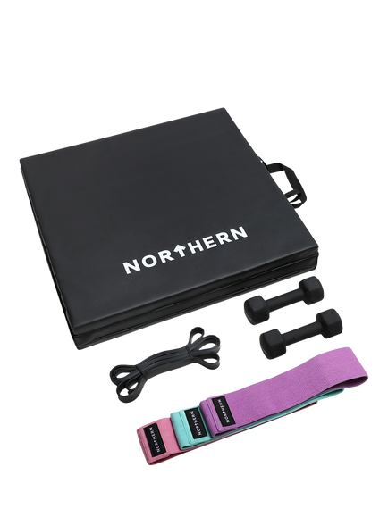 Northern Gym Equipment Yoga Fold Mat Bundle with Dumbbell & Bands, Black, Black