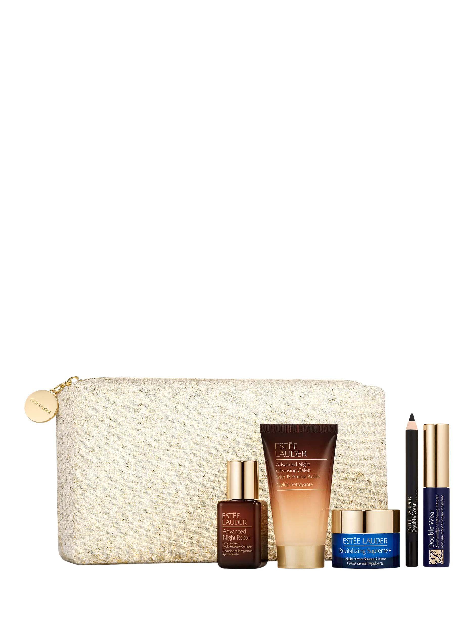 Estée Lauder skincare and makeup gift set with toiletry bag, serum, cleanser, night cream, mascara and eyeliner