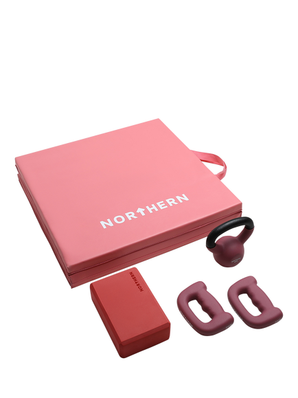 Northern Gym Equipment Yoga Fold Mat Bundle with HandDumbbell, Block & Kettlebell, Pink, Pink