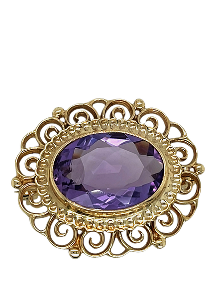 Pre-loved 9ct Yellow Gold Fancy Edge Oval Amethyst Brooch, Dated Birmingham 1971, Yellow Gold