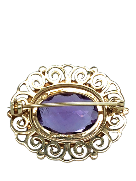 Pre-loved 9ct Yellow Gold Fancy Edge Oval Amethyst Brooch, Dated Birmingham 1971 - view 2, Yellow Gold