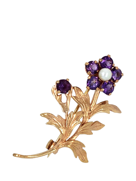Pre-loved 9ct Yellow Gold Amethyst and Cultured Pearl Spray Brooch, Dated Birmingham 1990, Yellow Gold