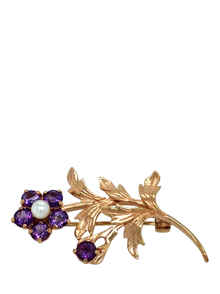 Pre-loved 9ct Yellow Gold Amethyst and Cultured Pearl Spray Brooch, Dated Birmingham 1990 - view 2, Yellow Gold