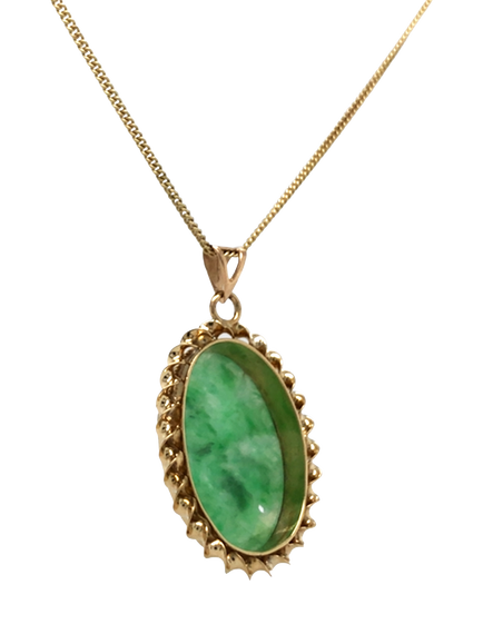 Pre-loved 9ct Yellow Gold Carved Oval Jade Pendant Necklace, Dated Birmingham 1973 - view 2, Yellow Gold