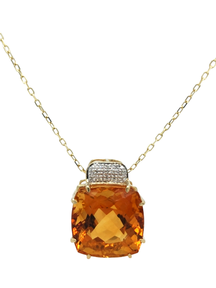 Pre-loved 9ct Yellow Gold Diamond Cushion Citrine Claw-Set Pendant Necklace, Yellow Gold
