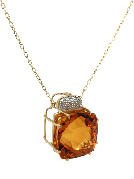 Pre-loved 9ct Yellow Gold Diamond Cushion Citrine Claw-Set Pendant Necklace - view 2, Yellow Gold