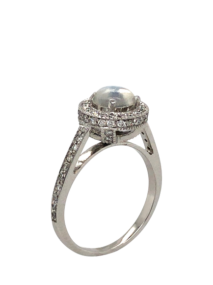 Pre-loved 18ct White Gold Diamond and Moonstone Round Cluster Ring, K 1/2 - view 2, White Gold