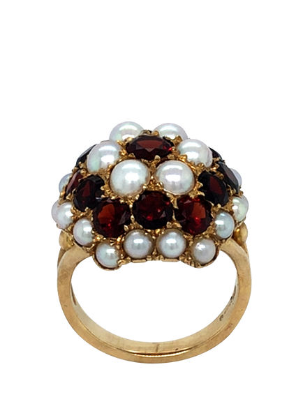 Pre-loved 9ct Yellow Gold Pearl and Garnet Cluster Ring, Dated London 1961, M, Yellow Gold