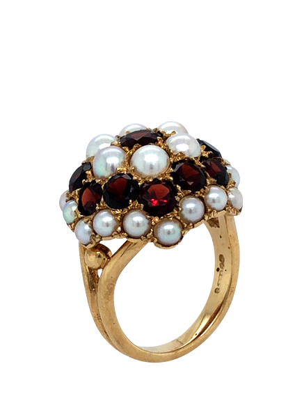 Pre-loved 9ct Yellow Gold Pearl and Garnet Cluster Ring, Dated London 1961, M - view 2, Yellow Gold