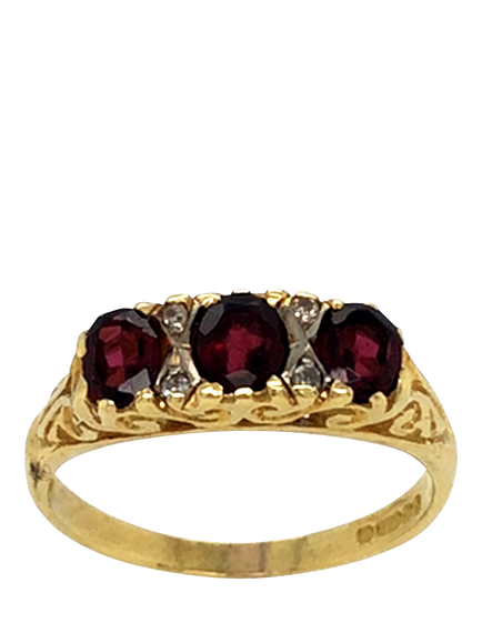 Pre-loved 18ct Yellow and White Gold Diamond and Garnet Carved Ring, Dated London 1977, O, Yellow + White Gold