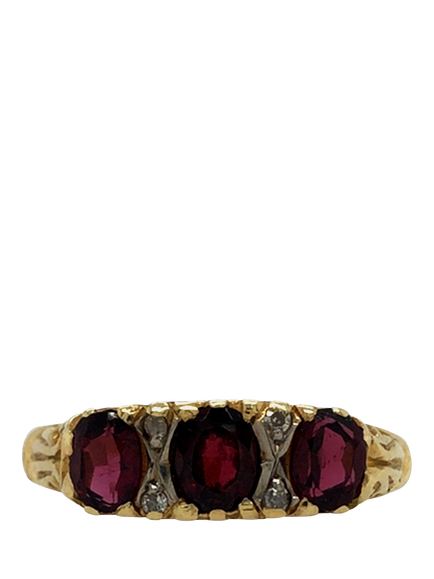 Pre-loved 18ct Yellow and White Gold Diamond and Garnet Carved Ring, Dated London 1977, O - view 2, Yellow + White Gold
