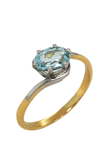 Pre-loved 18ct Yellow and White Gold Oval Aqua Cross-Over Ring, Dated Sheffield 1978, O, Yellow + White Gold