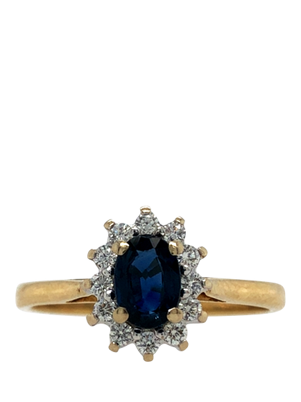 Pre-loved 18ct Yellow and White Gold Sapphire and 12-Stone Diamond Ring, N, Yellow + White Gold