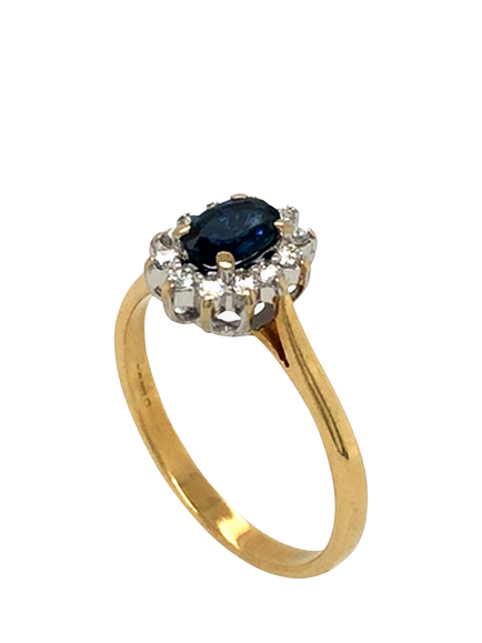 Pre-loved 18ct Yellow and White Gold Sapphire and 12-Stone Diamond Ring, N - view 2, Yellow + White Gold