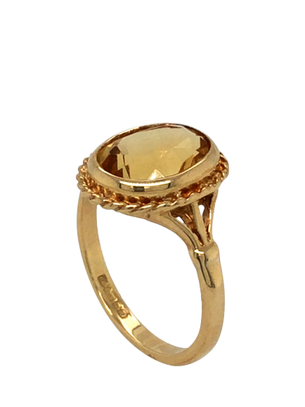 Pre-loved 9ct Yellow Gold Oval Citrine Rope Edge Ring, Dated Birmingham 1975, L - view 2, Yellow Gold