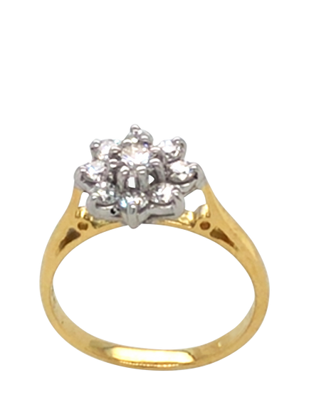 Pre-loved 18ct Yellow and White Gold 9-Stone Diamond Cluster Ring, Dated Birmingham 1990, M - view 2, Yellow + White Gold