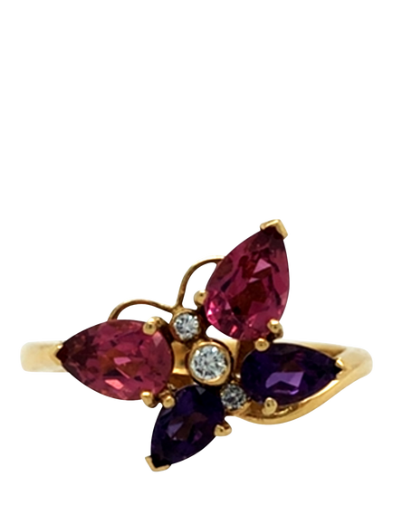 Pre-loved 18ct Yellow Gold Tourmaline, Amethyst and Diamond Butterfly Ring, Dated London 1991, M 1/2, Yellow Gold