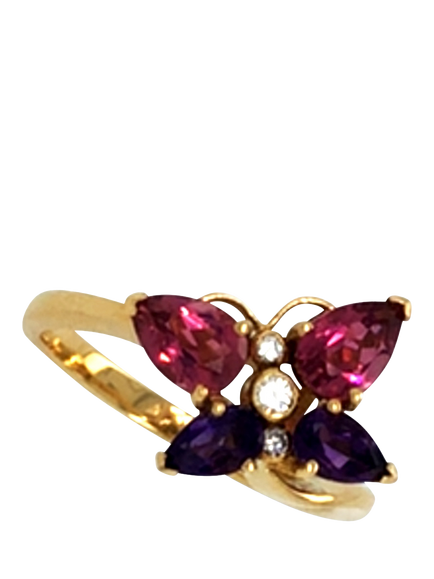 Pre-loved 18ct Yellow Gold Tourmaline, Amethyst and Diamond Butterfly Ring, Dated London 1991, M 1/2 - view 2, Yellow Gold