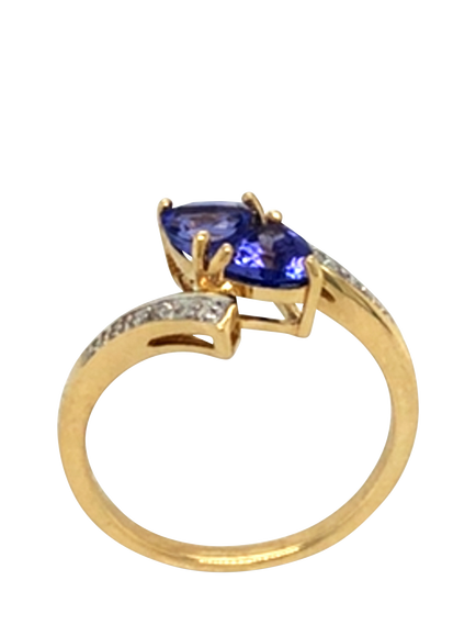 Pre-loved 14ct Yellow and White Gold Tanzanite and Diamond Cross-Over Ring, Dated Birmingham 2007, N - view 2, Yellow + White Gold