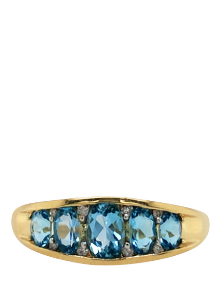 Pre-loved 9ct Yellow Gold 5-Stone Blue Topaz and Diamond Boat Ring, V, Yellow Gold