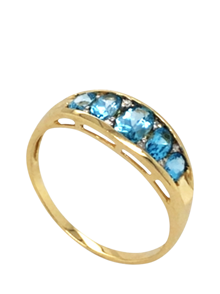 Pre-loved 9ct Yellow Gold 5-Stone Blue Topaz and Diamond Boat Ring, V - view 2, Yellow Gold