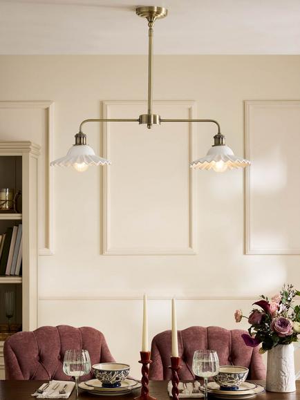 Laura Ashley Beca Ceramic 2 Arm Bar Pendant Ceiling Light, White/Brass - view 2, Brass