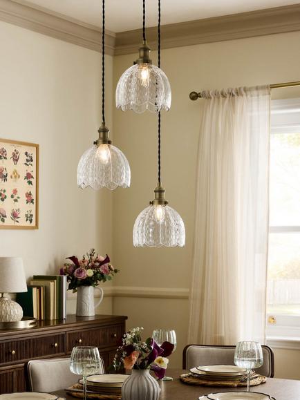 Laura Ashley Vintage Scallop Glass 3 Bulb Cluster Pendant Ceiling Light, Brass - view 2, Brass