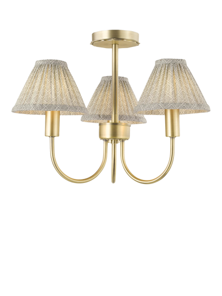 Laura Ashley Willowbrook 3 Arm Pleat Shade Semi Flush Ceiling Light, Antique Brass, Brass