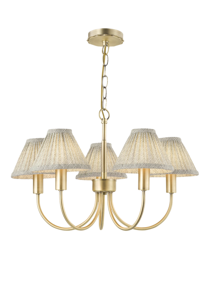 Laura Ashley Willowbrook 5 Arm Pleat Shade Pendant Ceiling Light, Antique Brass, Brass