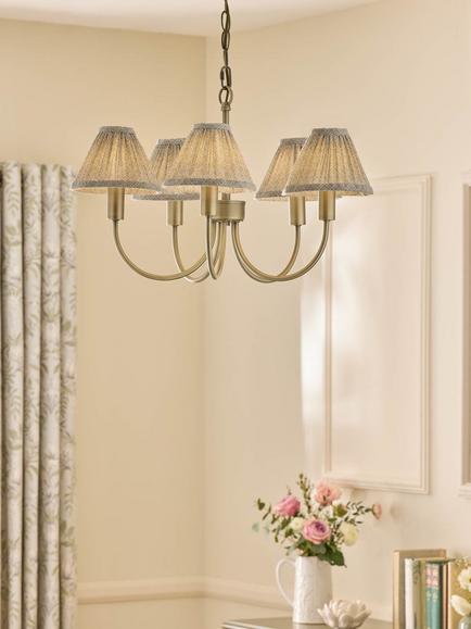 Laura Ashley Willowbrook 5 Arm Pleat Shade Pendant Ceiling Light, Antique Brass - view 2, Brass