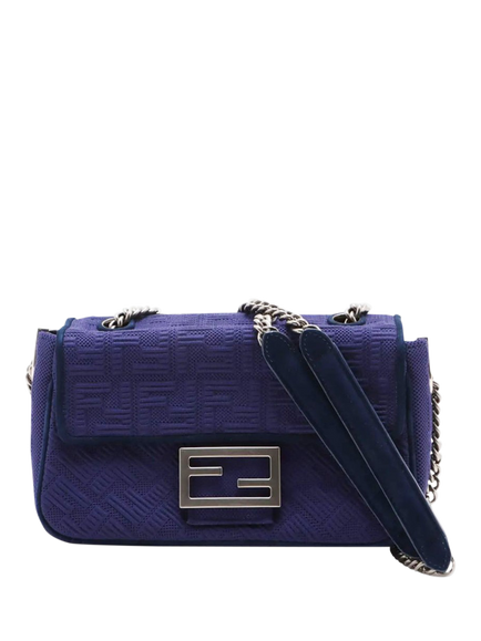 Pre-loved Fendi Zucca Mamma Baguette Chain Shoulder Bag, Silver Hardware, Blue, Blue