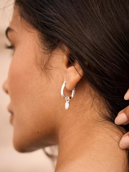 Mint Velvet Crystal Drop Hoop Earrings, Silver - view 2, Silver