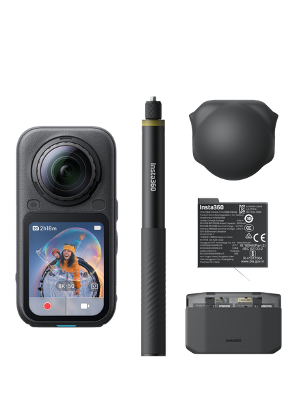 Іnѕtа360 X6 Action Camera, 8K, 72MP, 360° Recording, Black, Essentials Bundle with Invisible Selfie Stick, Additional Battery, Fast Charge Case & Lens Cap, Midnight Black
