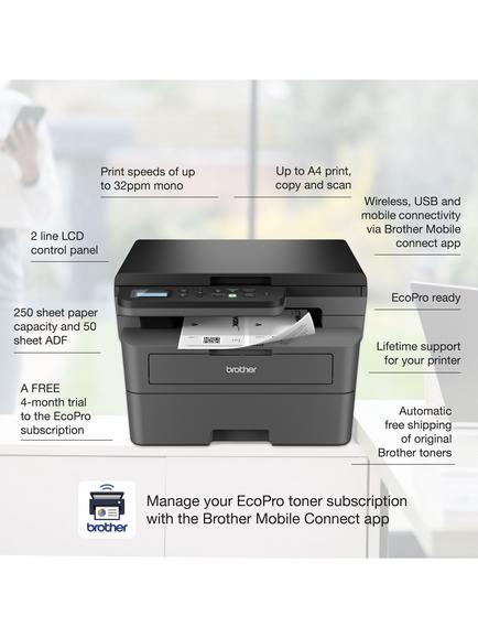 Brother DCP-L2627DWE Wireless Compact Three-In-One Mono Laser Printer  with 4 Months EcoPro Subscription, Black - view 2, Black