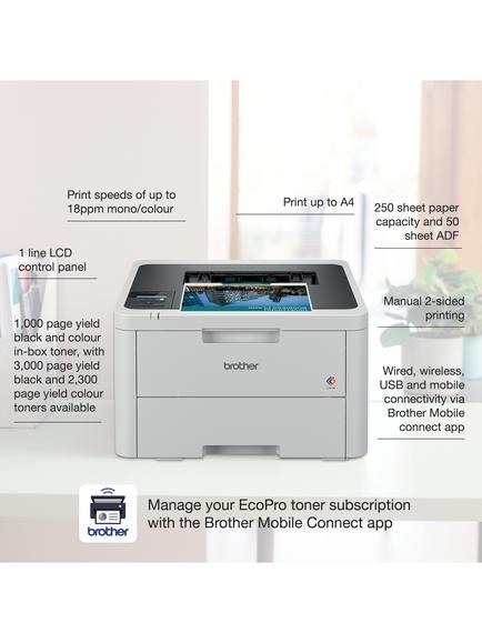 Brother HL-L3220CWE Wireless Colour Laser Printer with 4 Months EcoPro Subscription, White Light Grey - view 2, White Light Grey