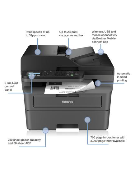 Brother MFC-L2800DW Wireless All-in-One Mono Laser Printer & Fax Machine, Black - view 2, Black