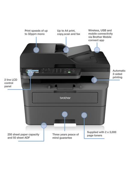Brother MFC-L2827DWXL Wireless All-in-One Mono Laser Printer & Fax Machine with High Yield Inbox Toner, Black - view 2, Black