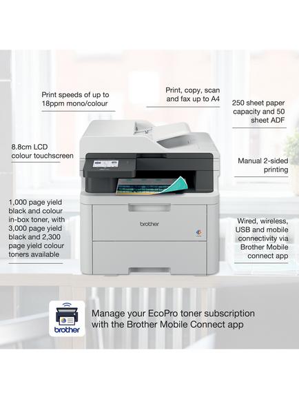 Brother MFC-L3740CDWE Wireless All-in-One Colour Laser Printer & Fax Machine with 4 Months EcoPro Subscription, White Light Grey - view 2, White Light Grey